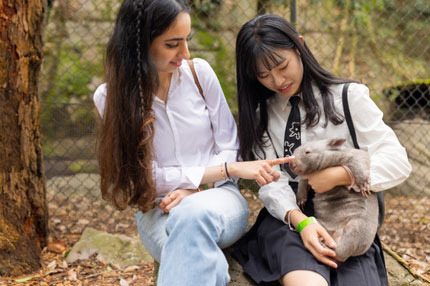 Students sitting with wombat